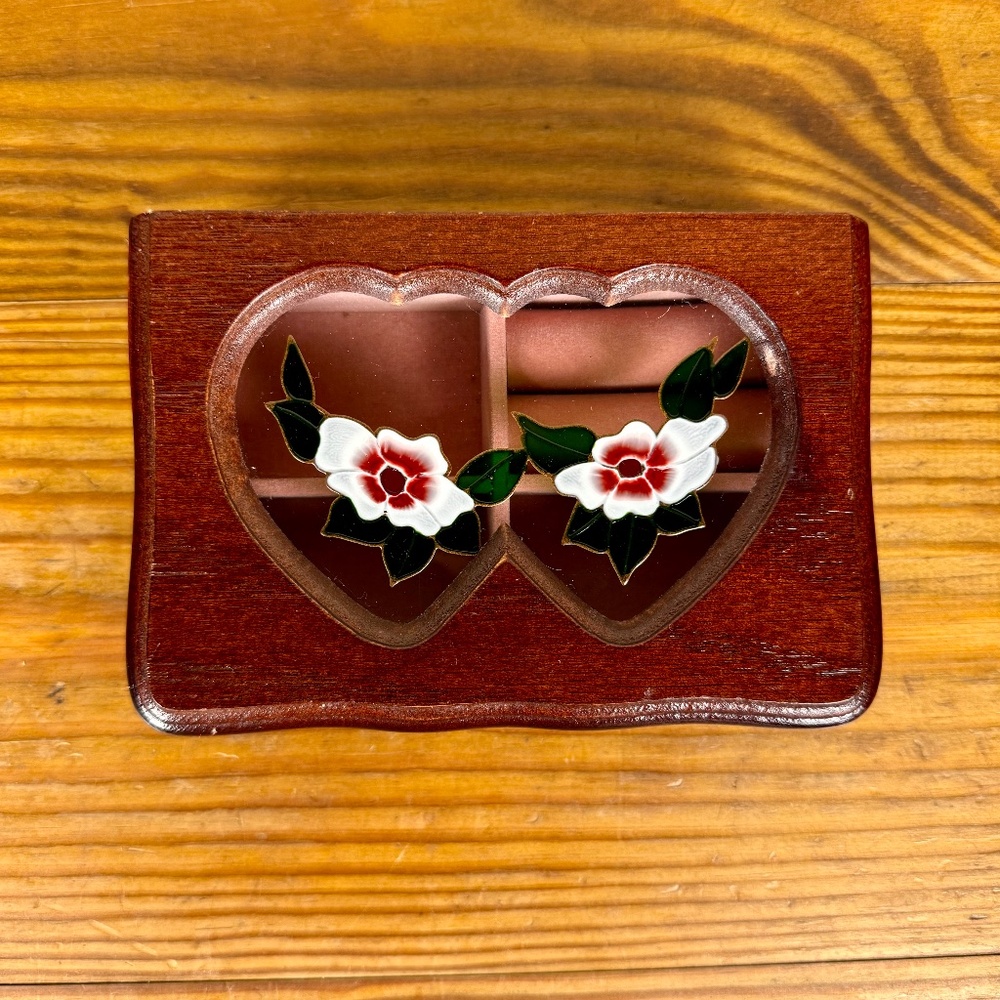 Vintage Wooden Jewelry Box | Heart Window Lid with Floral Inlay - Picture 7 of 13